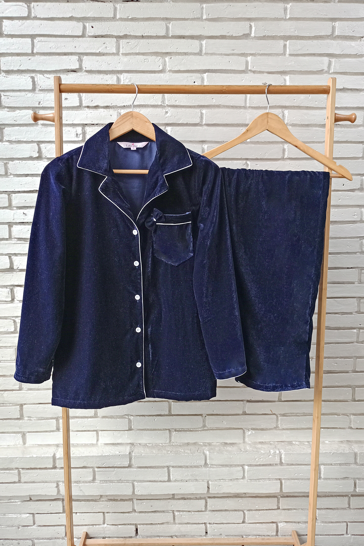 Velvet Night Suit Set With Bow (Dark Blue)
