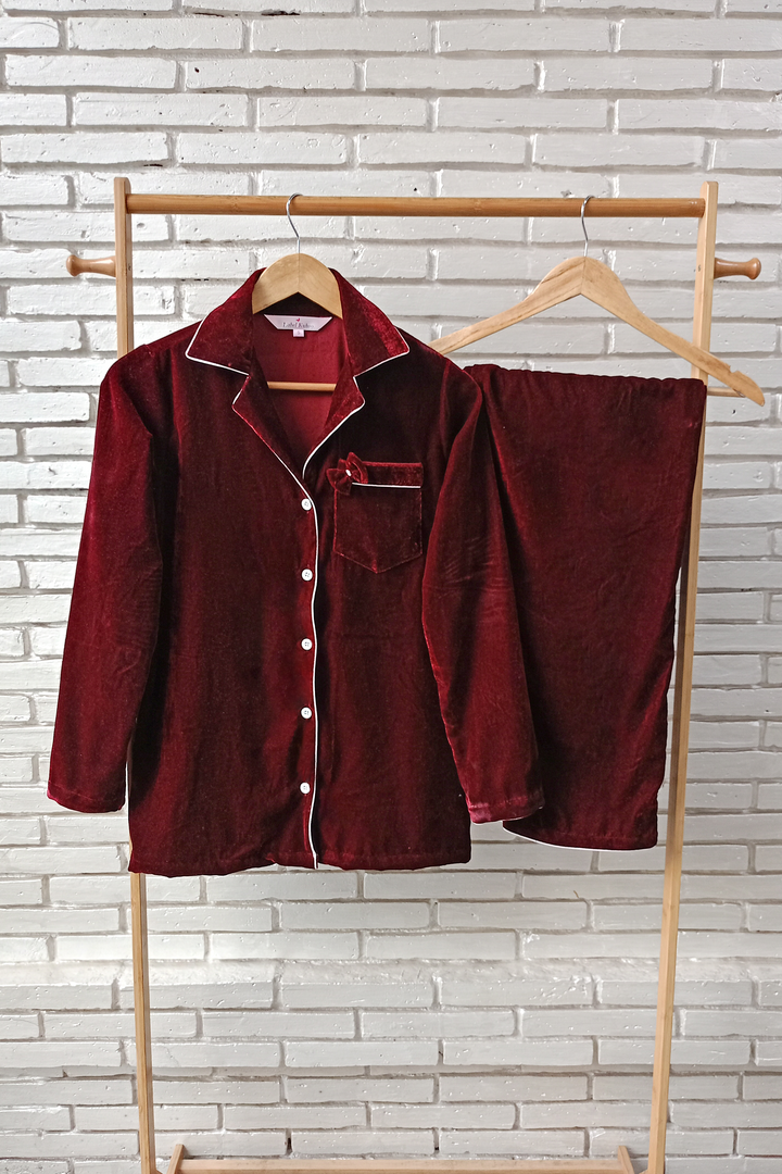 Velvet Night Suit Set With Bow (Maroon)