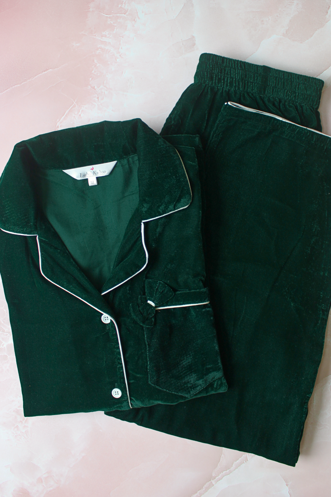 Velvet Night Suit Set With Bow (Bottle Green)