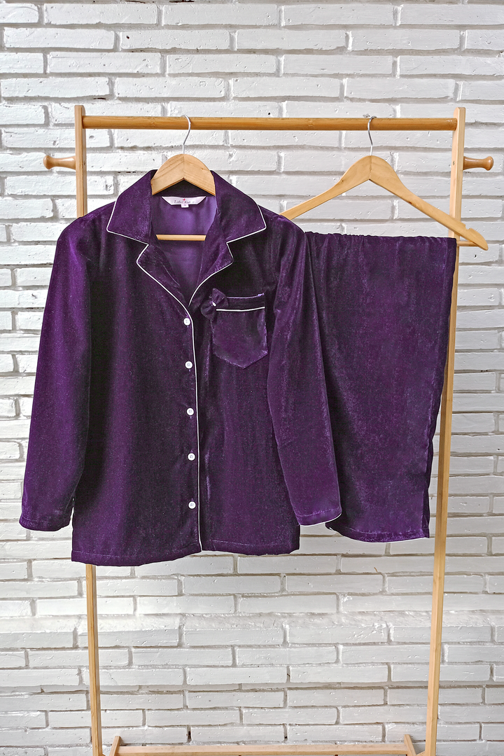 Velvet Night Suit Set With Bow (Purple)