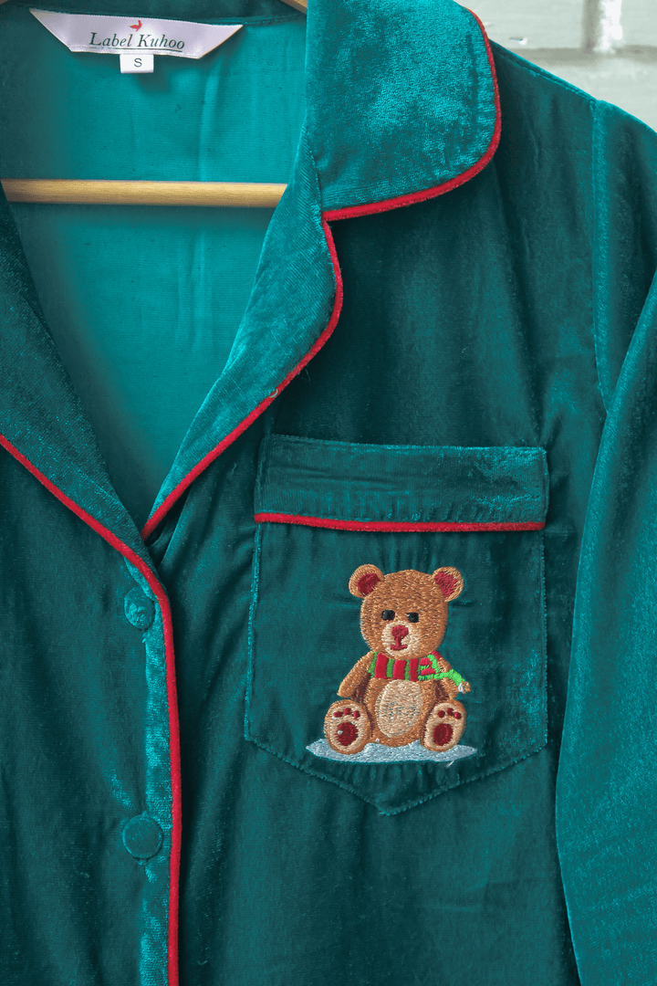 Teddy Velvet Night Suit Set (Teal Green)