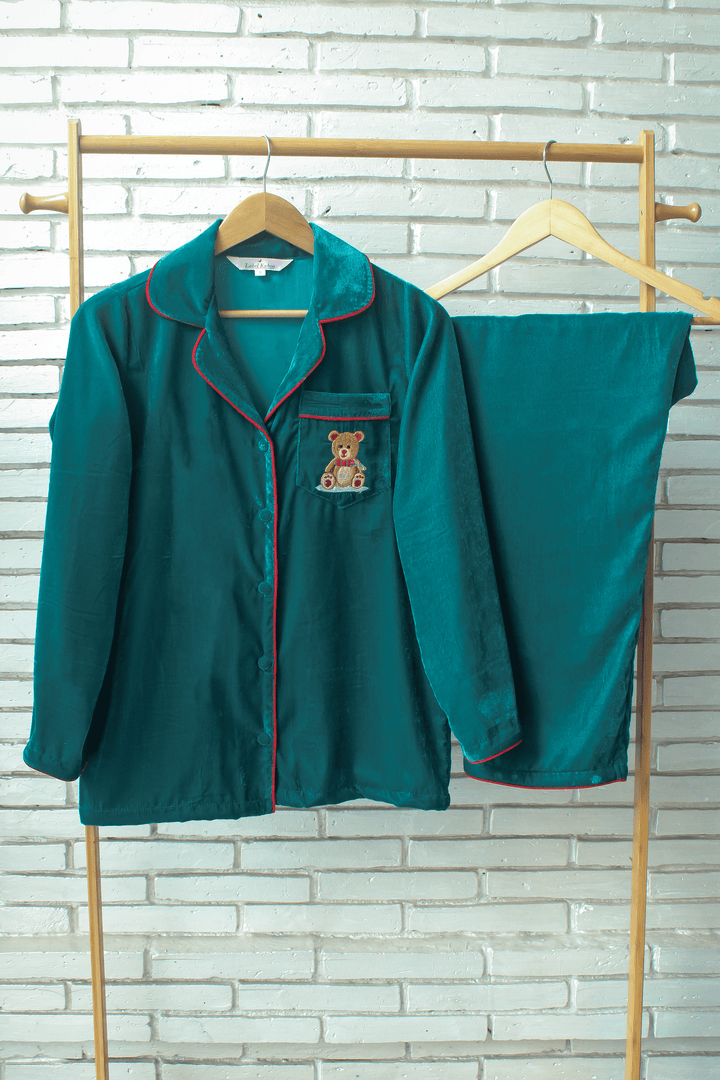 Teddy Velvet Night Suit Set (Teal Green)