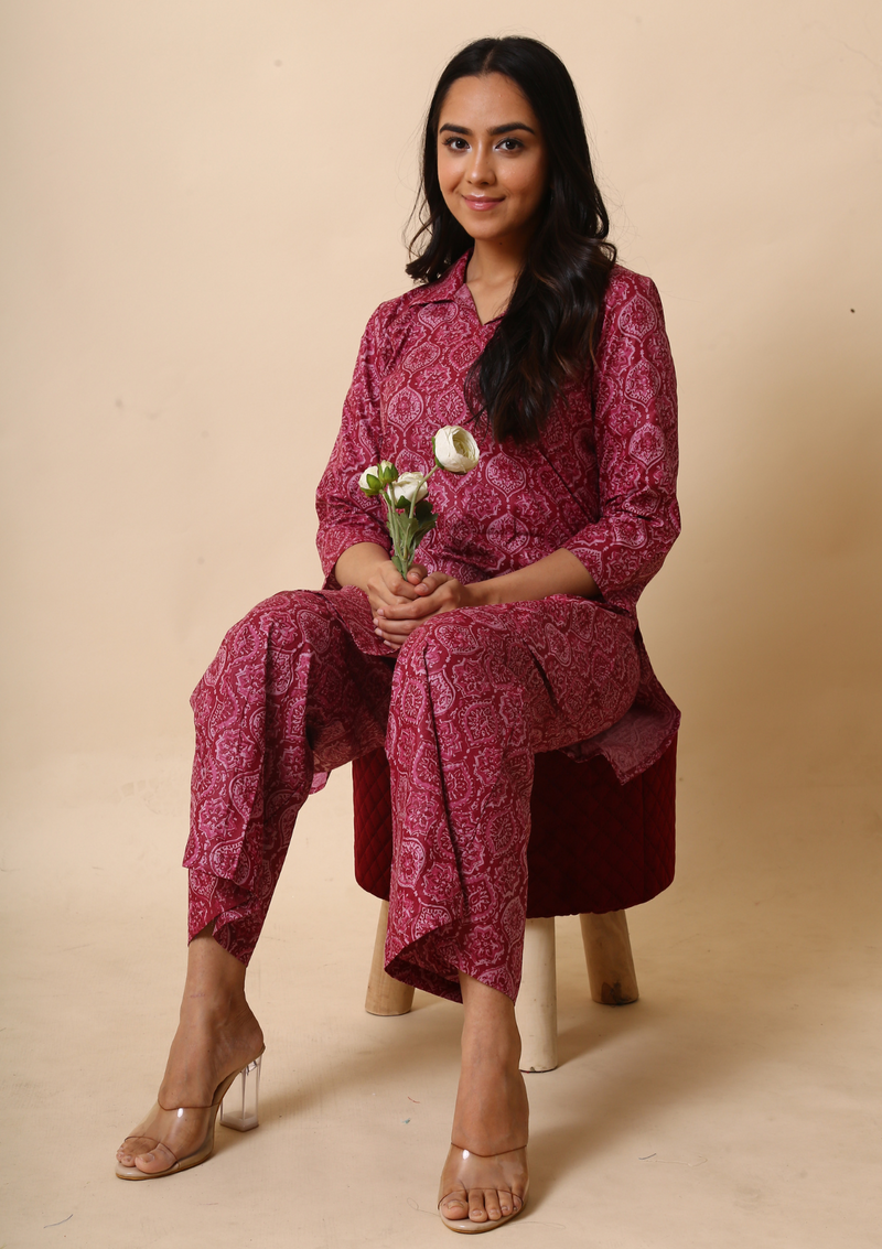Ajrakh Print Palazzo Set of red colour made of high-quality cotton fabric and comfortable, stylish, and versatile.