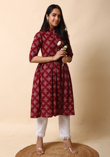 Maroon Printed Cotton Kurta