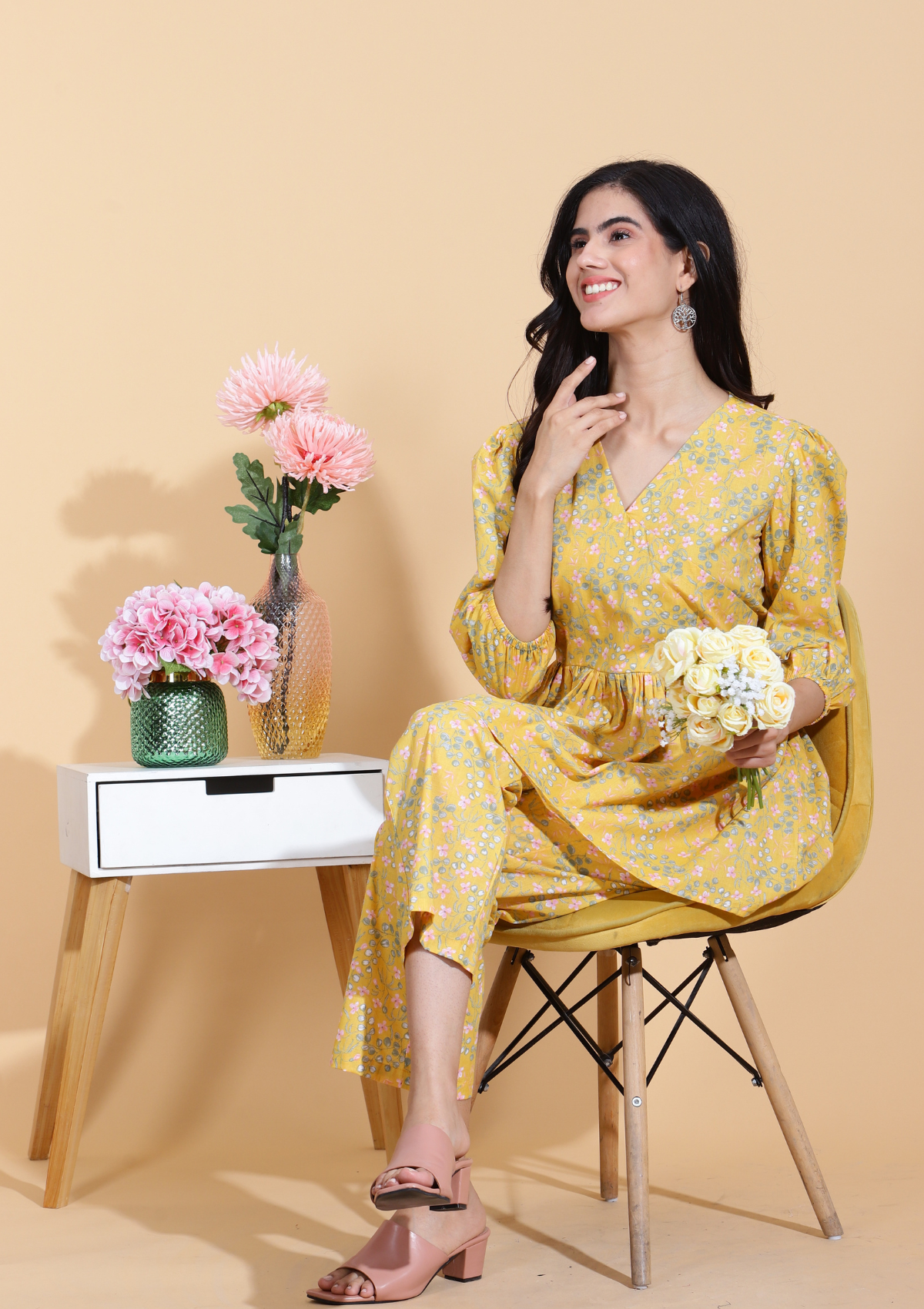 Yellow Floral Kurti with Work - Ananyaa Fashions