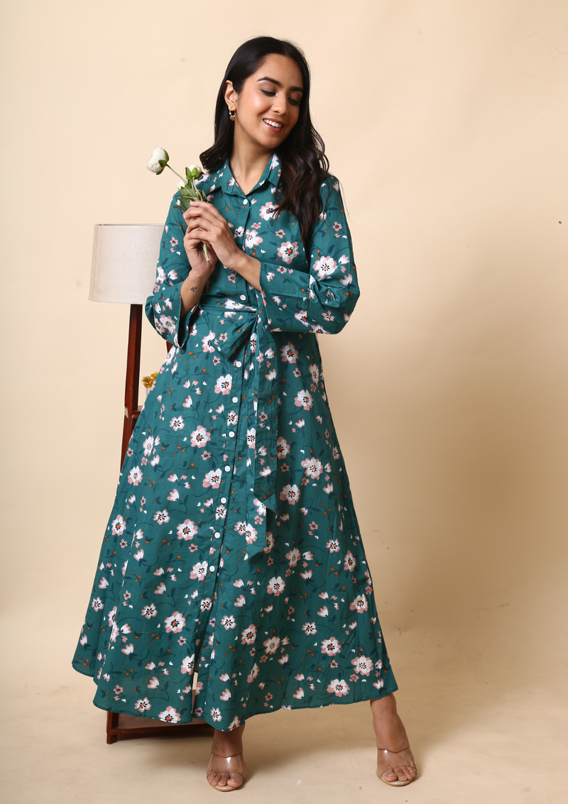 Green Floral Long Maxi Dress With Belt