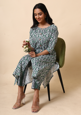 Sage Green Printed Cotton Kurta With Pants- Set Of 2
