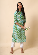 Green Print Cotton Straight Kurta