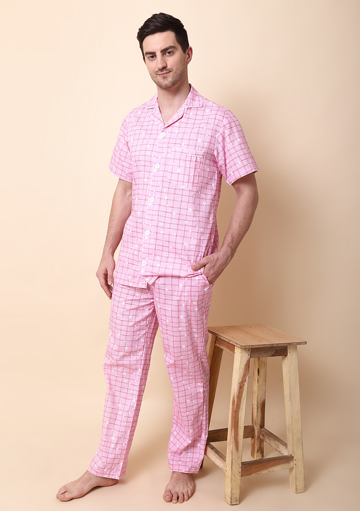Stars Men Night Suit Set- Pink - Label kuhoo