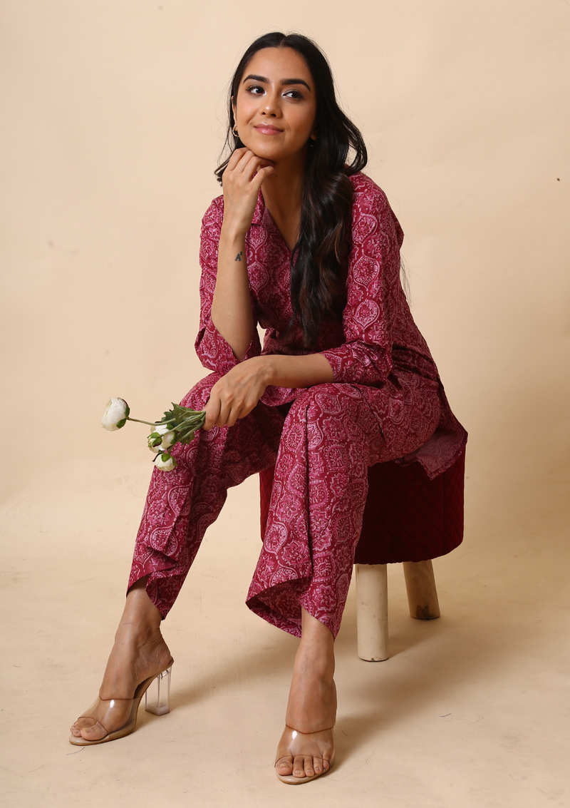 Ajrakh Print Palazzo Set of red colour made of high-quality cotton fabric and comfortable, stylish, and versatile.