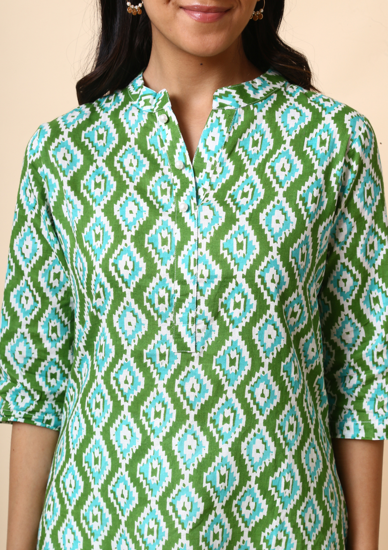 Green Print Cotton Straight Kurta