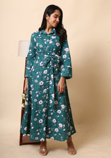 Green Floral Long Maxi Dress With Belt