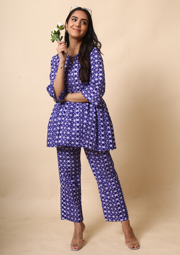 Blue Shibori Print Peplum Set