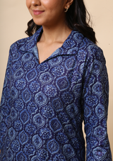 Ajrakh Print Palazzo Set of blue colour made of high-quality cotton fabric and comfortable, stylish, and versatile.