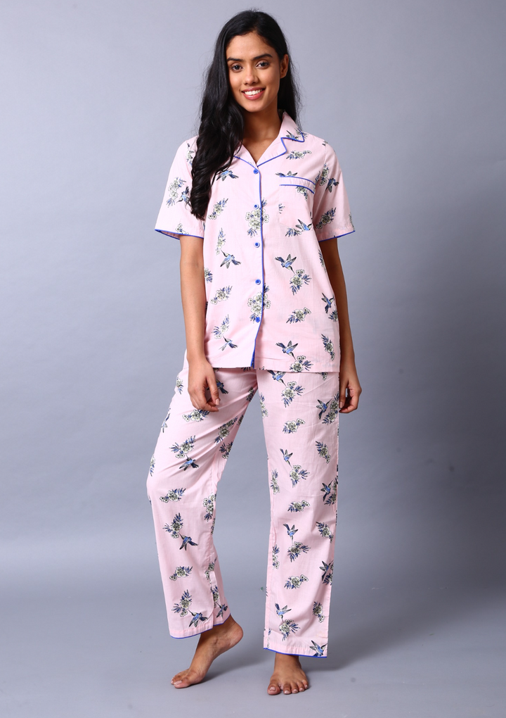 Chirpy Birds Night Suit Set- Pink - Label Kuhoo