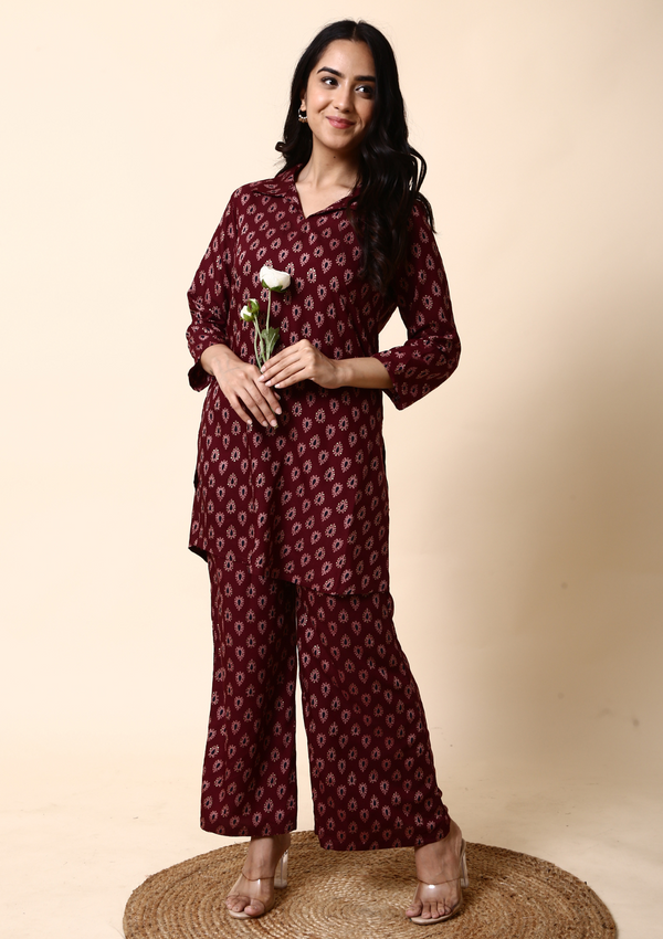 Maroon Booti Palazzo Set