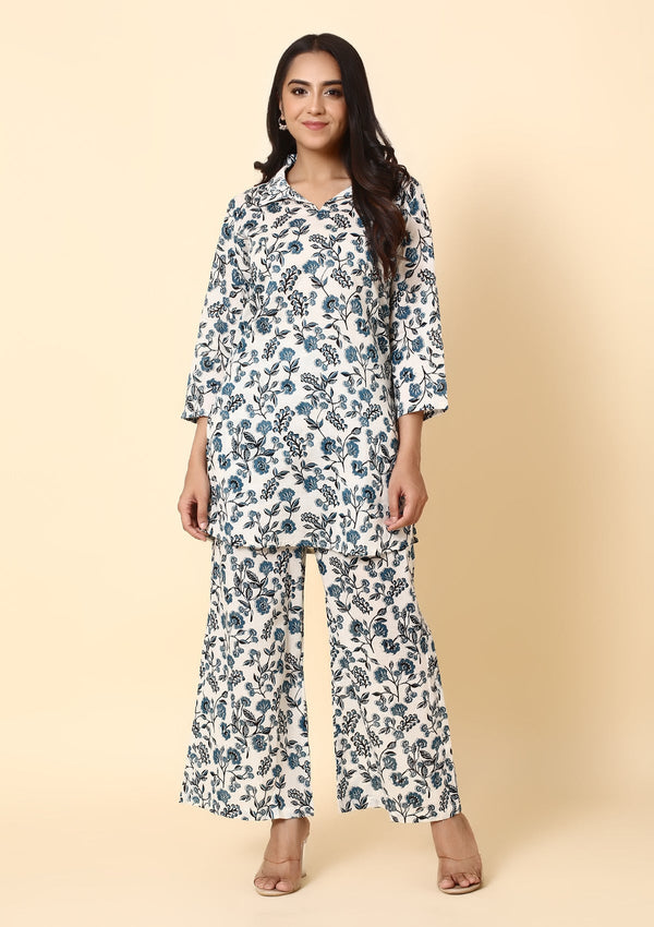 Blue Poppy Palazzo Set - With Collar