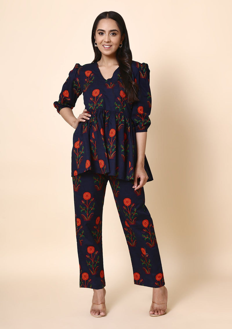 Blue Floral Short Kurti Set