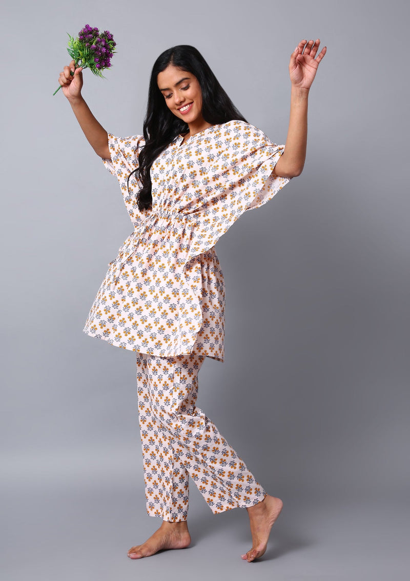 Blooming Flowers Kaftan Set- White
