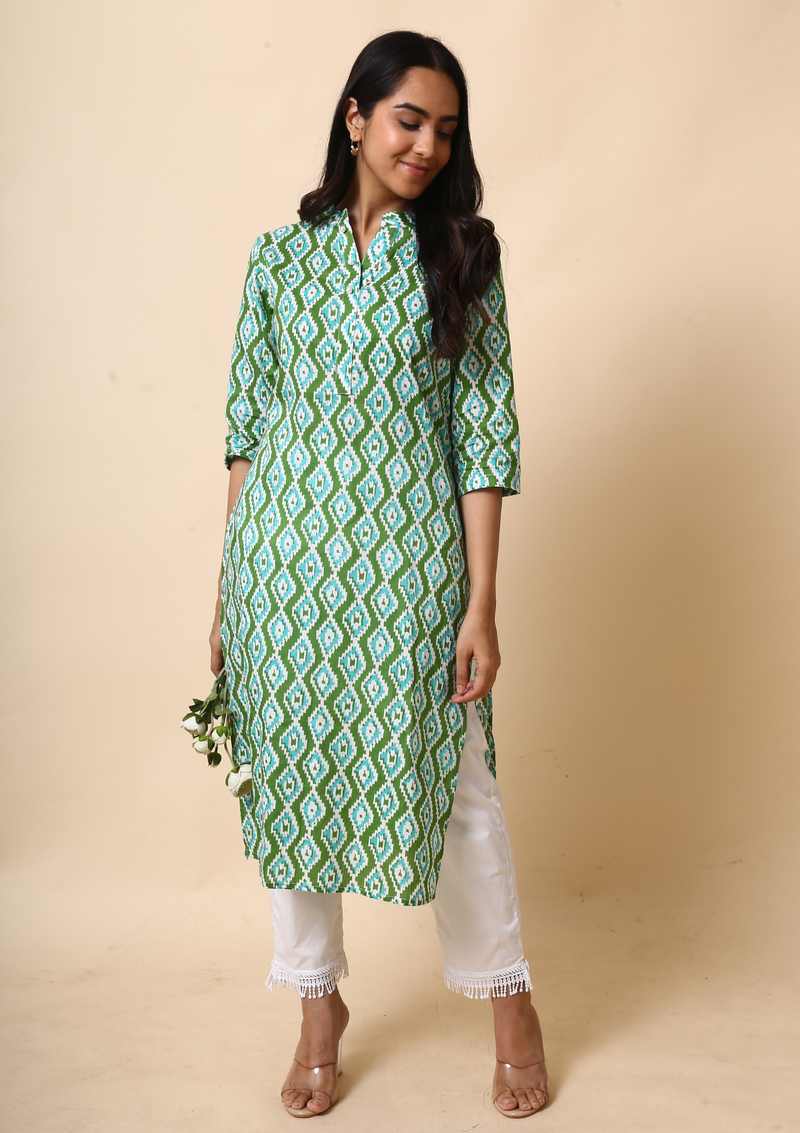 Green Print Cotton Straight Kurta - label kuhoo