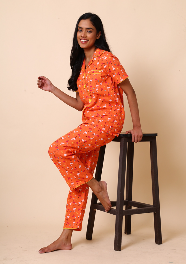 Orange flamingo night suit set - Lable kuhoo
