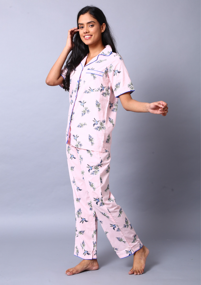Chirpy Birds Night Suit Set- Pink
