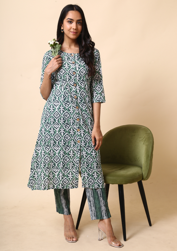 SAGE GREEN PRINTED COTTON KURTA WITH PANTS- SET OF 2 - label kuhoo
