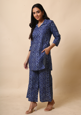 Ajrakh Print Palazzo Set of blue colour made of high-quality cotton fabric and comfortable, stylish, and versatile.