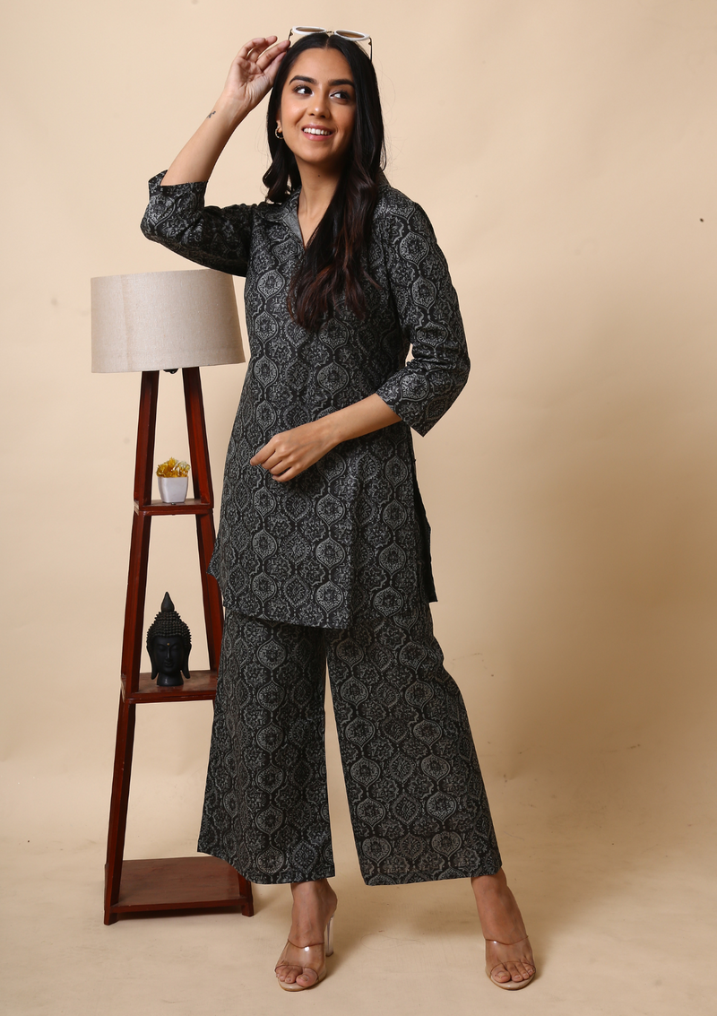 Ajrakh Print Palazzon Set - Black colour with print design, classic round neck and full sleeves. Palazzon Set suitable for both formal and casual events.