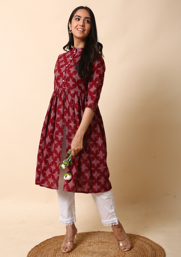 Maroon Printed Cotton Kurta - label kuhoo