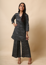 Ajrakh Print Palazzon Set - Black colour with print design, classic round neck and full sleeves. Palazzon Set suitable for both formal and casual events.