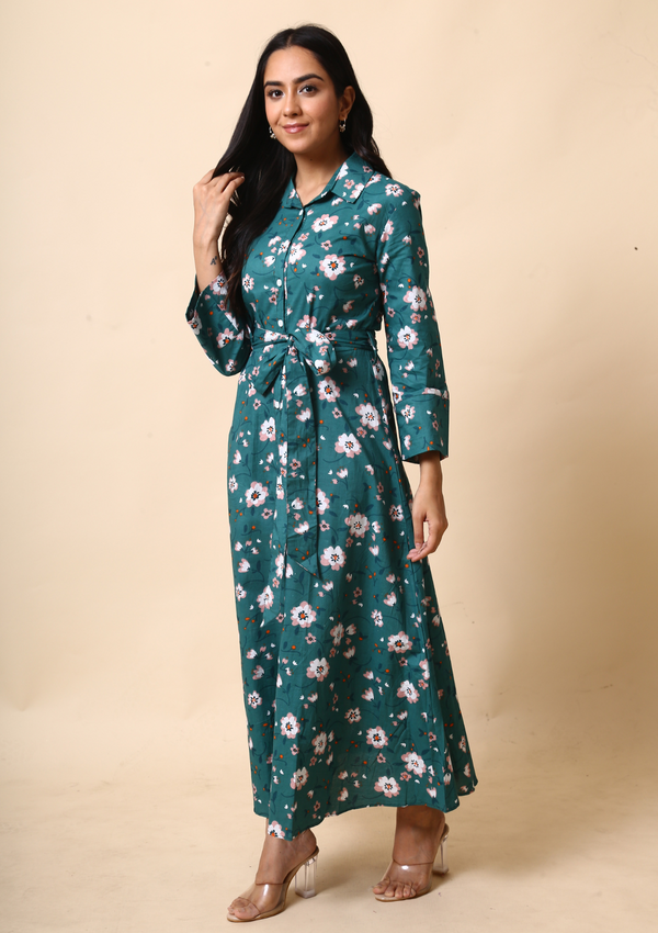 Green Floral Long Maxi Dress With Belt
