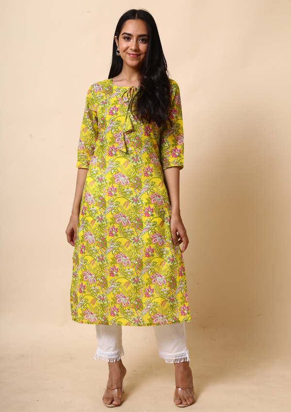 Yellow Floral Cotton Straight Kurta