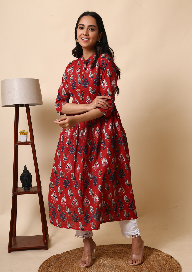 Peacocks Red Printed Cotton Kurta