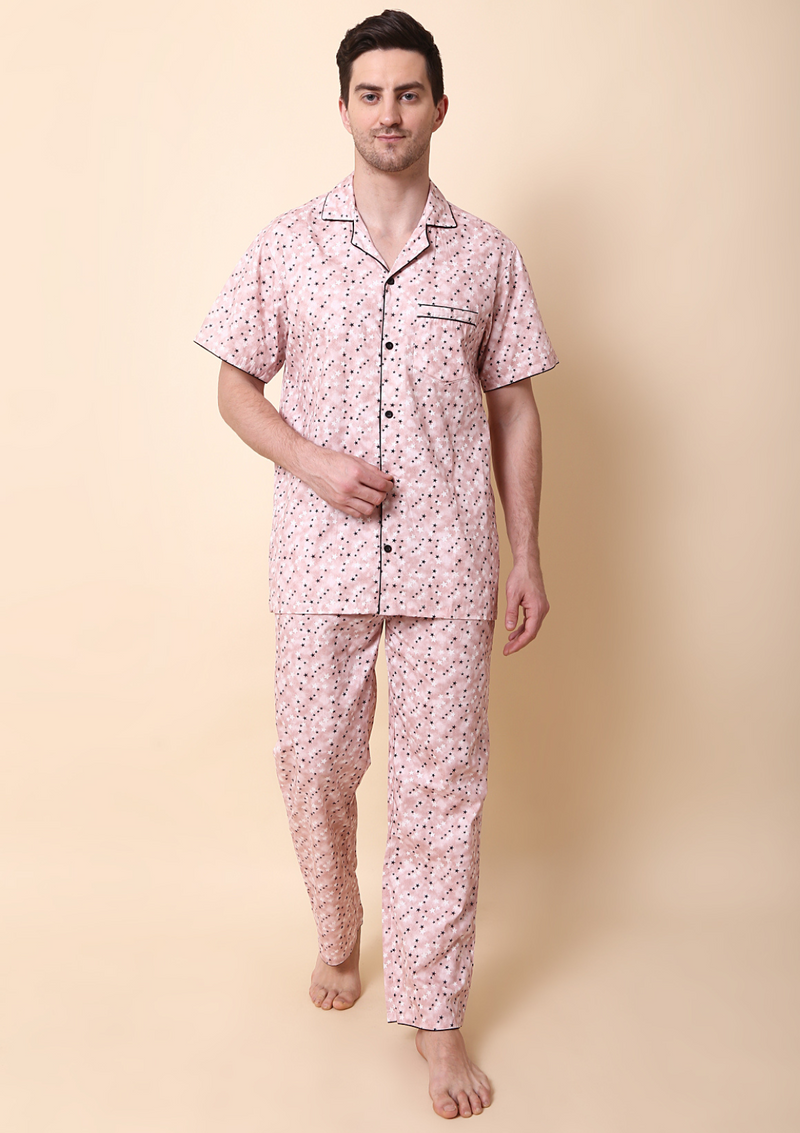 Starry Sky Men Night Suit Set - Beige