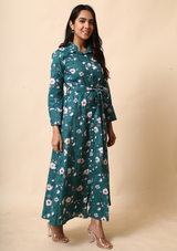 Green Floral Long Maxi Dress With Belt