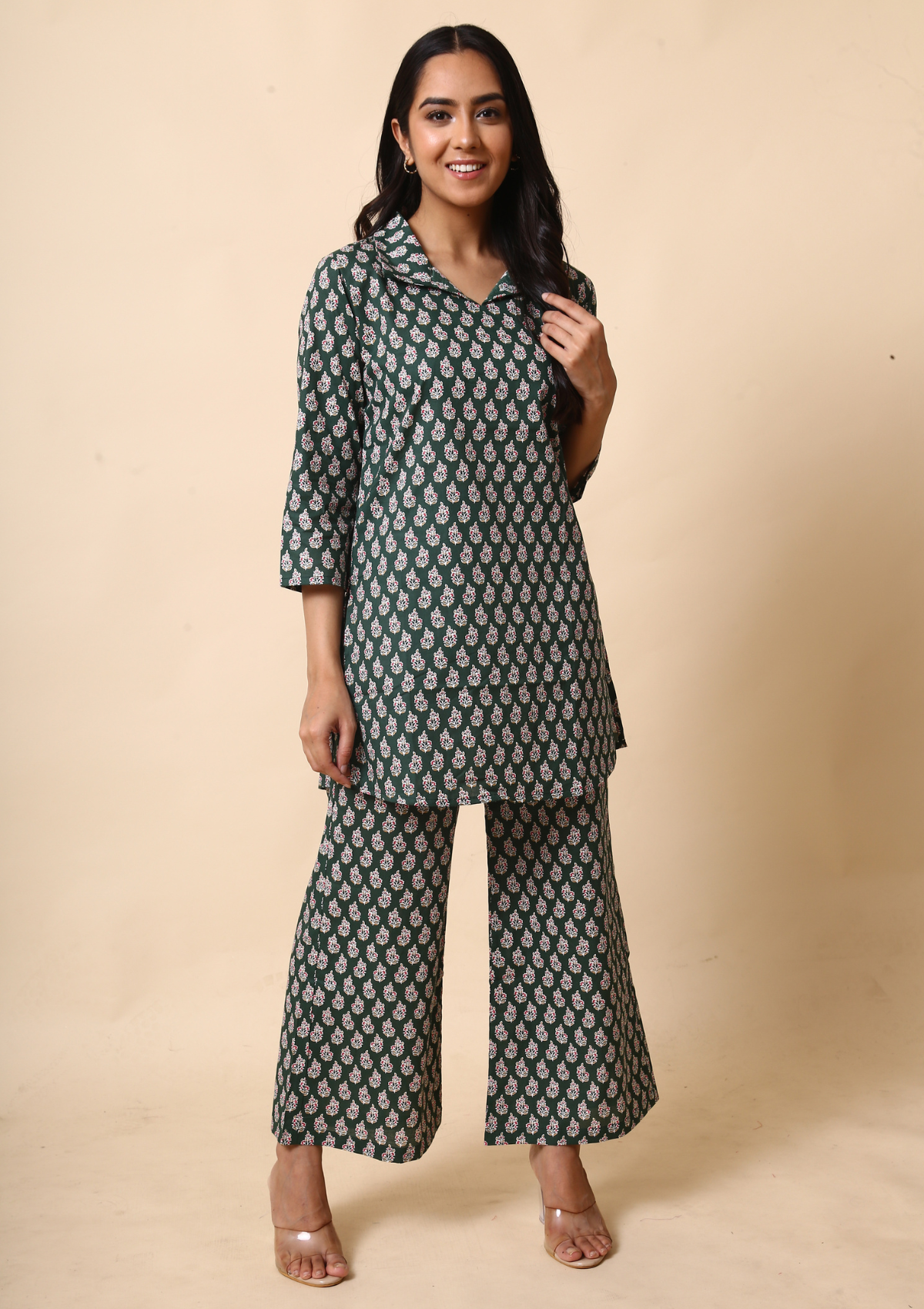 Buy Green And Grey Marble Print Wide Leg Trousers Online | FableStreet