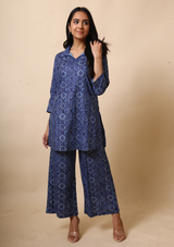 Ajrakh Print Palazzo Set of blue colour made of high-quality cotton fabric and comfortable, stylish, and versatile.