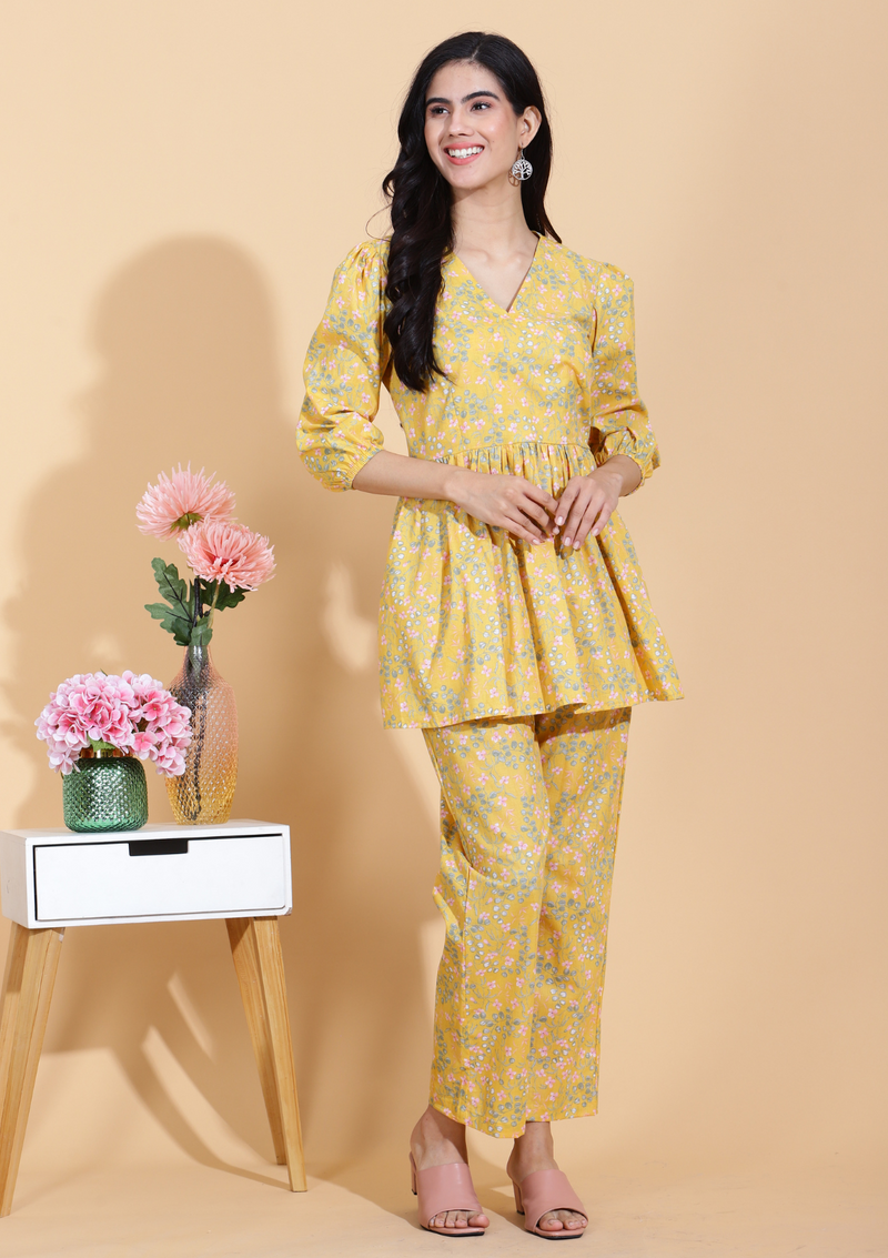 Yellow Flora Short Kurti Set