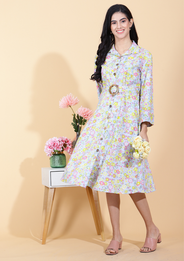 Yellow Flower Dress With Belt