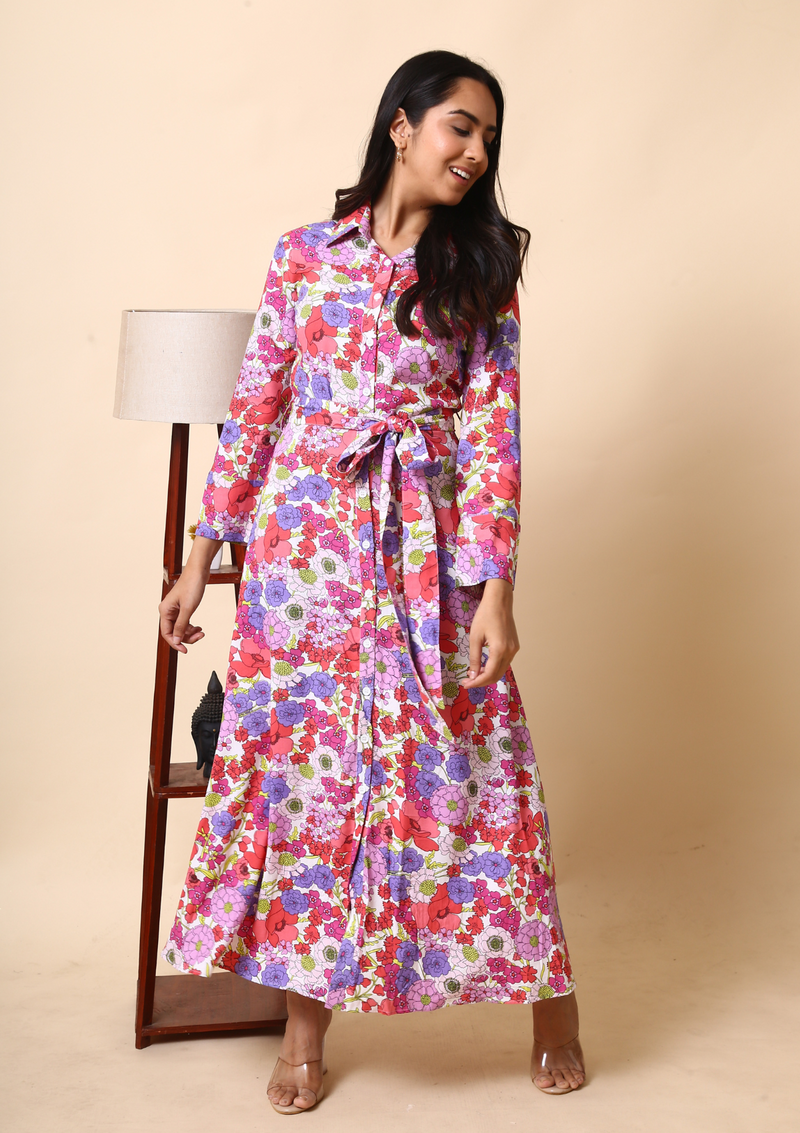 Floral Long Maxi Dress With Belt