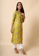 Yellow Floral Cotton Straight Kurta
