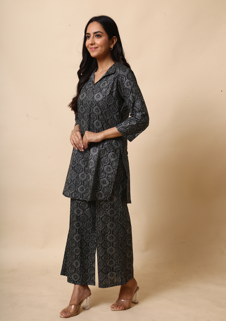 Ajrakh Print Palazzon Set - Black colour with print design, classic round neck and full sleeves. Palazzon Set suitable for both formal and casual events.