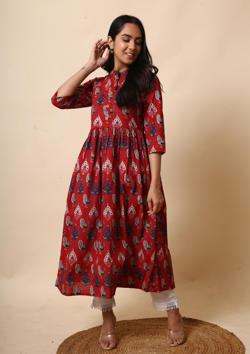 PEACOCKS RED PRINTED COTTON KURTA - label kuho