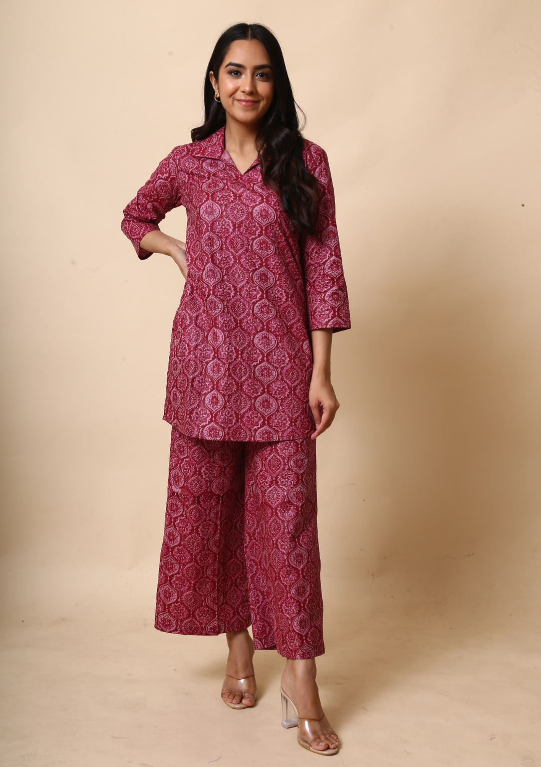 Ajrakh Print Palazzo Set of red colour made of high-quality cotton fabric and comfortable, stylish, and versatile.