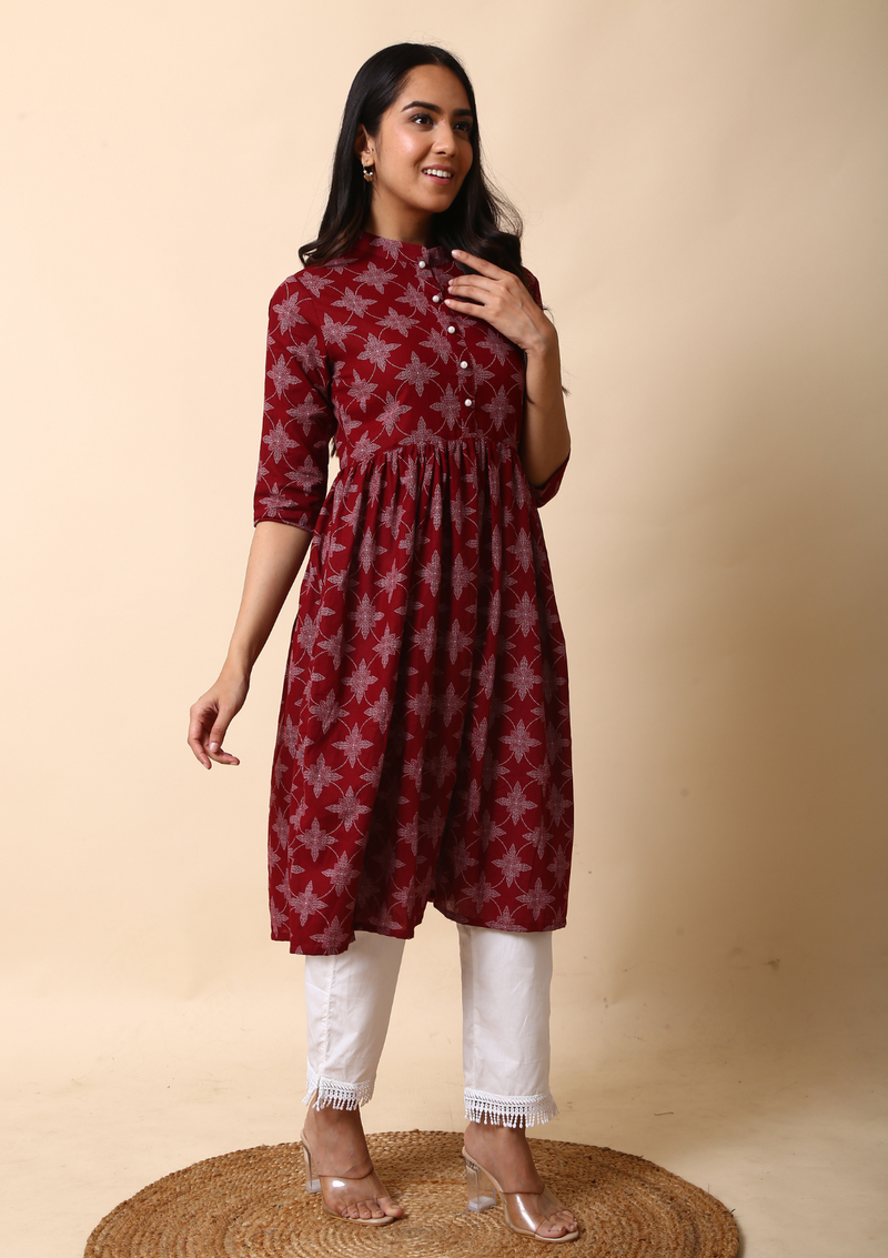 Maroon Printed Cotton Kurta