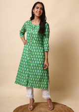 Green Printed Cotton Kurta With Pants- Set Of 2