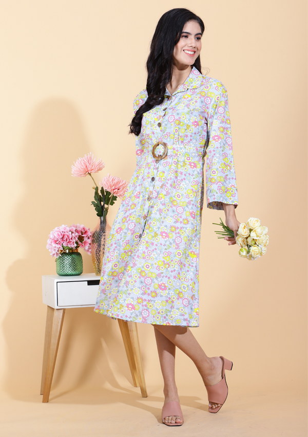 Yellow Flower Dress With Belt