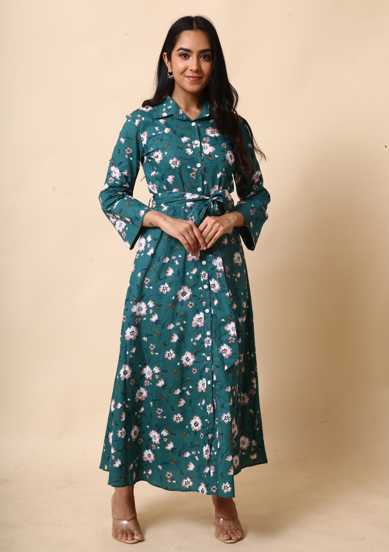 Green Floral Long Maxi Dress With Belt - Label kuhoo