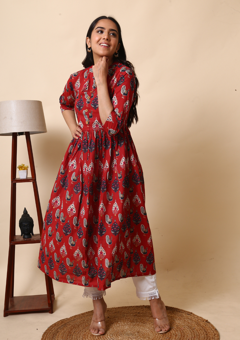 Peacocks Red Printed Cotton Kurta